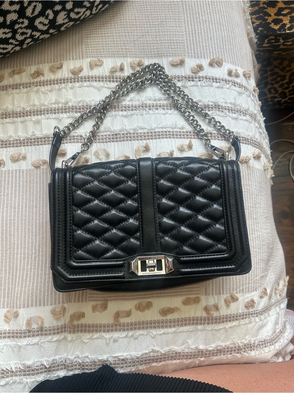 Rebecca Minkoff Black Quilted Leather Crossbody with Silver Chain